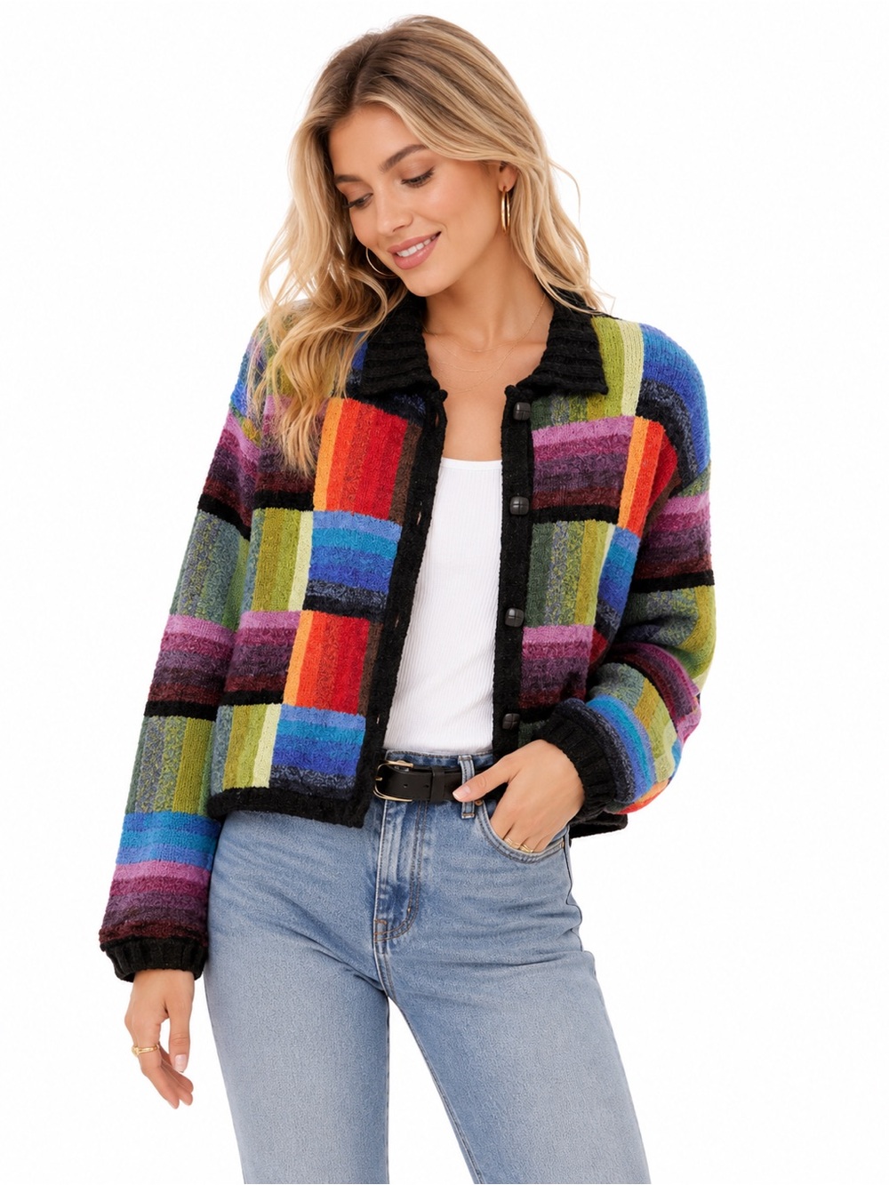Vintage Design Options Colorblock Patchwork Cardigan Sweater M Boho Artsy Color